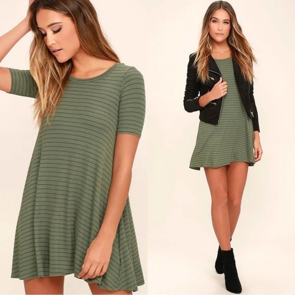 Billabong Lost Heart Sage Green Stripe Short Sleeve Dress